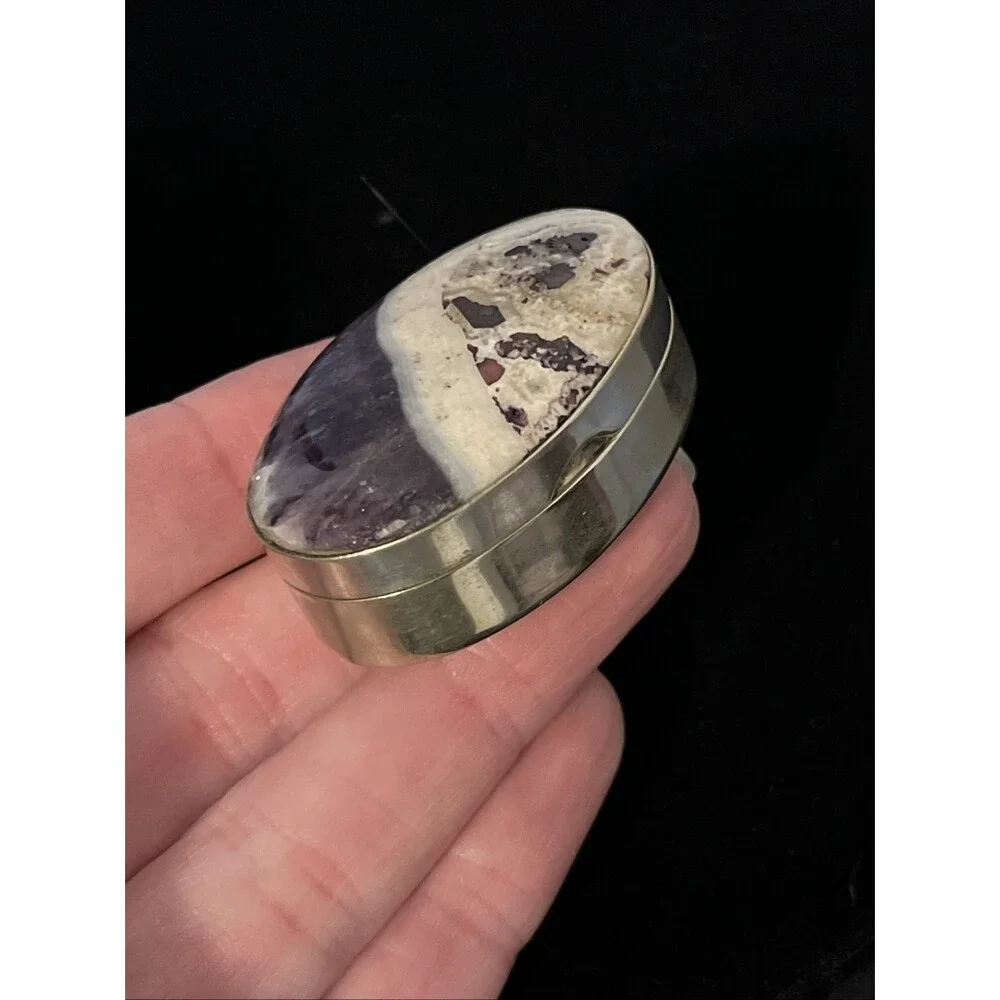 Sterling Silver Opalized Fluorite Cabochon Vintage Handmade Rare Pill Box Mexico